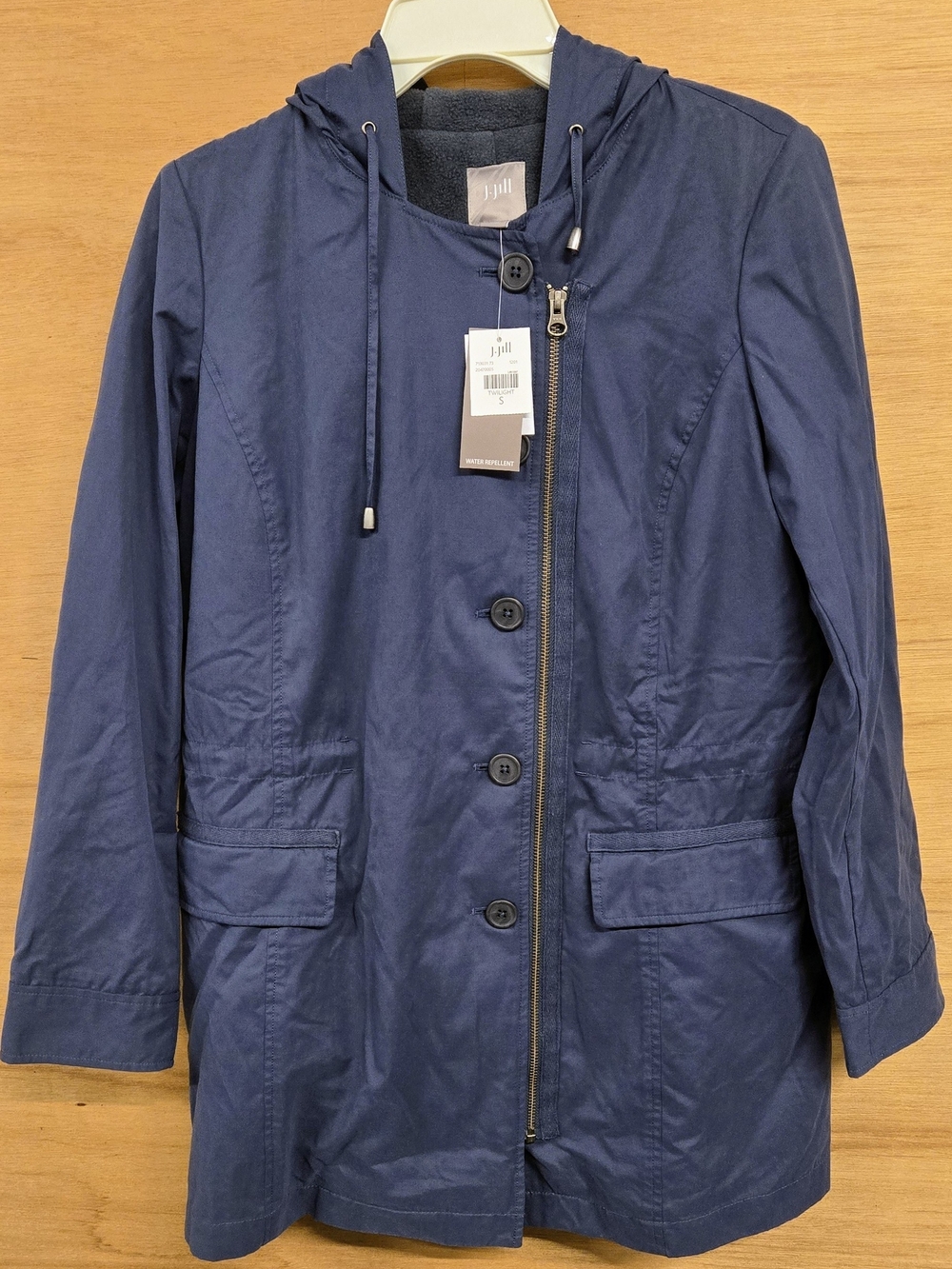 J. Jill Navy Hooded Cotton-Blend Coat Removable Lining. Drawstring Waist. Soft